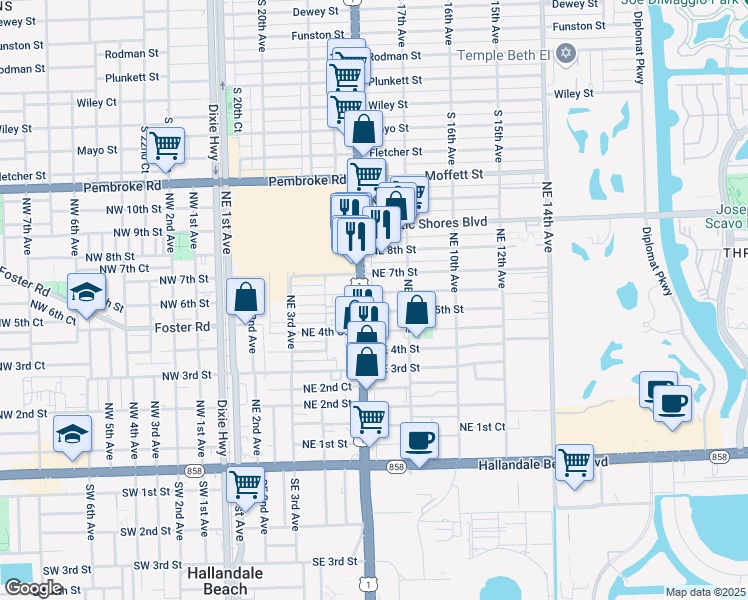 map of restaurants, bars, coffee shops, grocery stores, and more near 610 Northeast 6th Street in Hallandale Beach