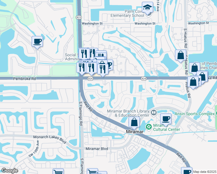 map of restaurants, bars, coffee shops, grocery stores, and more near 12112 St.Andrews Place in Miramar