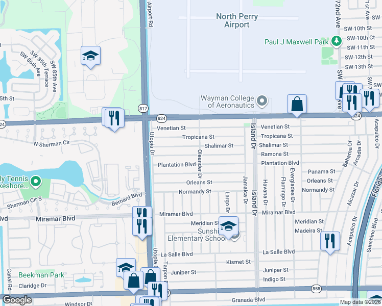 map of restaurants, bars, coffee shops, grocery stores, and more near 7917 Ramona Street in Miramar