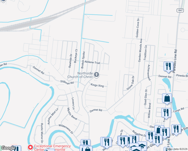 map of restaurants, bars, coffee shops, grocery stores, and more near 6036 Rusty Nail Drive in Brownsville