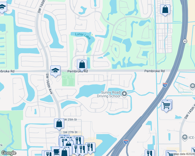 map of restaurants, bars, coffee shops, grocery stores, and more near 1854 Southwest 152nd Way in Miramar