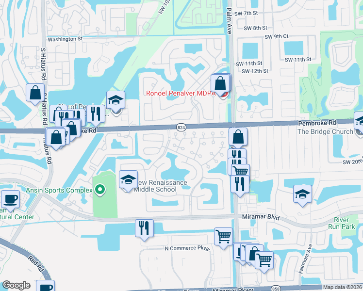 map of restaurants, bars, coffee shops, grocery stores, and more near 1991 Southwest 103rd Terrace in Miramar