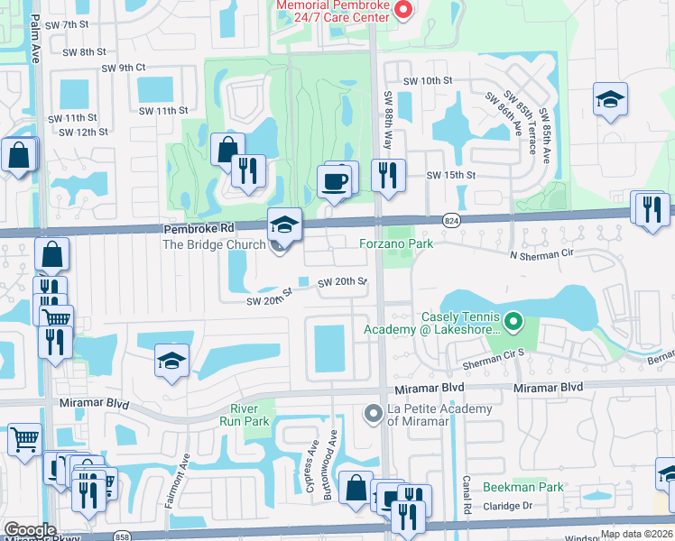 map of restaurants, bars, coffee shops, grocery stores, and more near 8938 Southwest 19th Street in Miramar