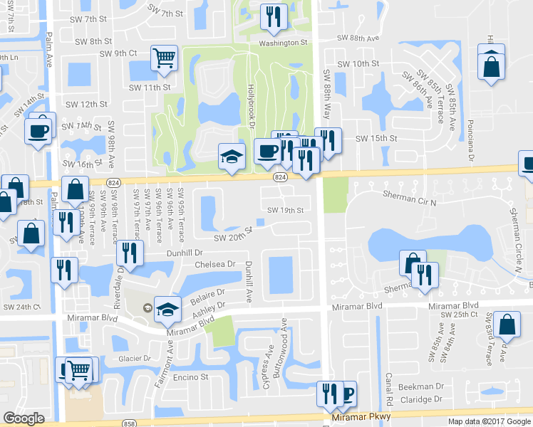 map of restaurants, bars, coffee shops, grocery stores, and more near 9066 Southwest 19th Street in Miramar