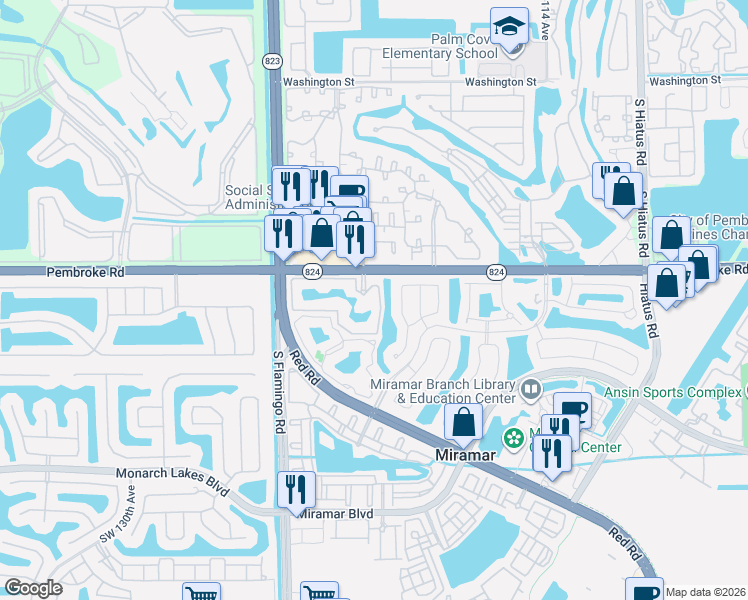 map of restaurants, bars, coffee shops, grocery stores, and more near 12112 St.Andrews Place in Miramar