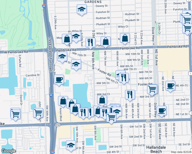 map of restaurants, bars, coffee shops, grocery stores, and more near 752 Northwest 6th Street in Hallandale Beach