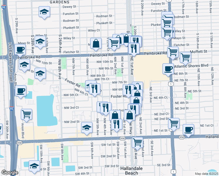 map of restaurants, bars, coffee shops, grocery stores, and more near 601 Northwest 2nd Avenue in Hallandale Beach