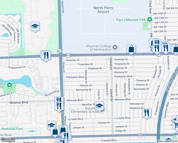 map of restaurants, bars, coffee shops, grocery stores, and more near 7837 Ramona Street in Miramar