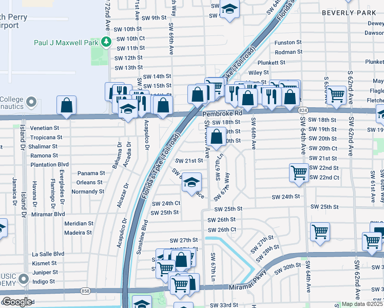 map of restaurants, bars, coffee shops, grocery stores, and more near 6838 Southwest 20th Court in Miramar