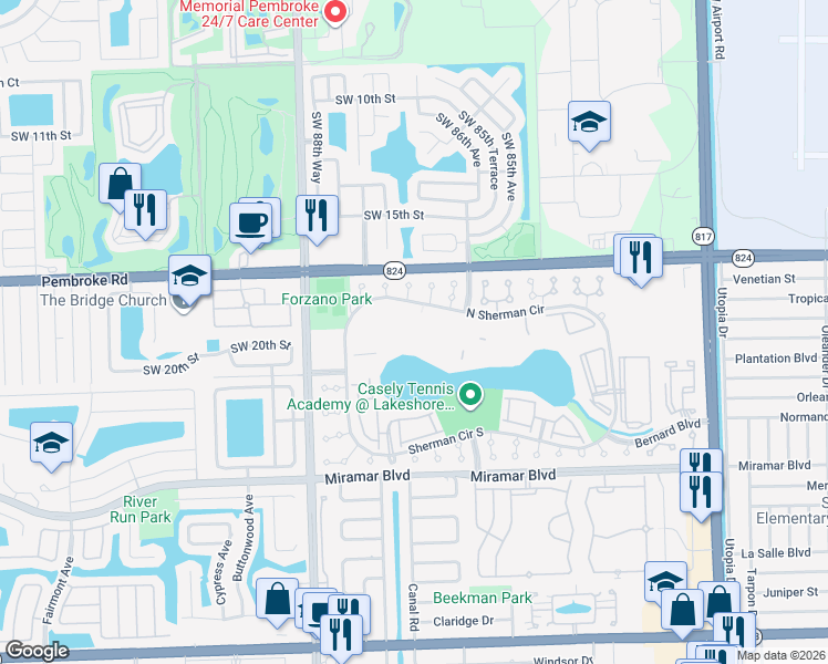 map of restaurants, bars, coffee shops, grocery stores, and more near 8560 Sherman Circle North in Miramar