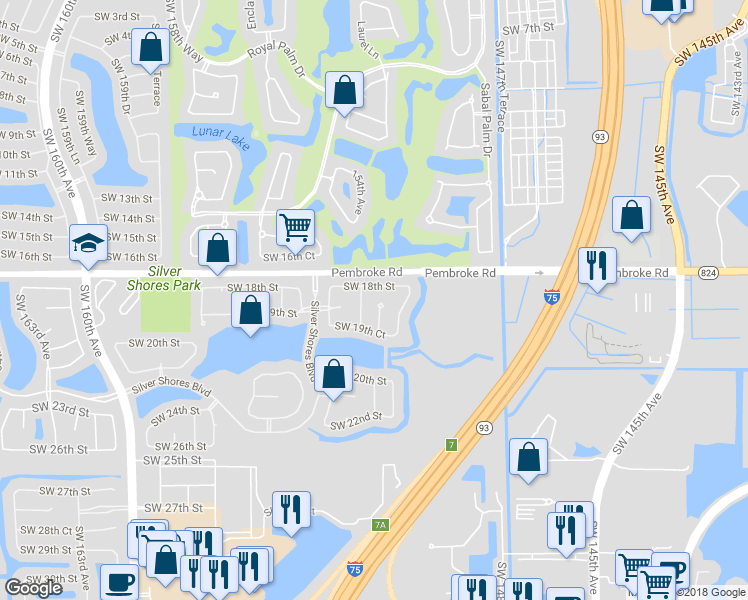 map of restaurants, bars, coffee shops, grocery stores, and more near 1844 Southwest 149th Avenue in Miramar