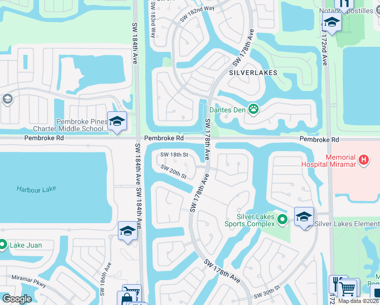 map of restaurants, bars, coffee shops, grocery stores, and more near 17901 Southwest 18th Street in Miramar
