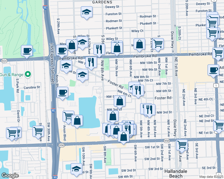 map of restaurants, bars, coffee shops, grocery stores, and more near 609 Northwest 7th Avenue in Hallandale Beach