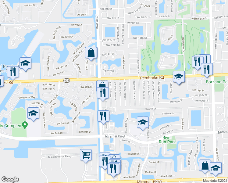 map of restaurants, bars, coffee shops, grocery stores, and more near 1814 Southwest 99th Terrace in Miramar