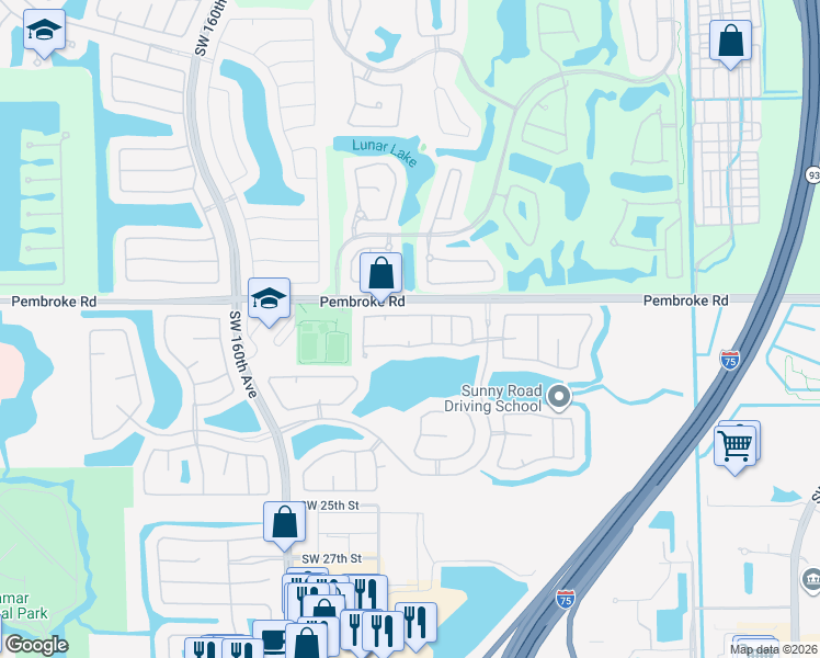 map of restaurants, bars, coffee shops, grocery stores, and more near 1857 Southwest 154th Avenue in Miramar