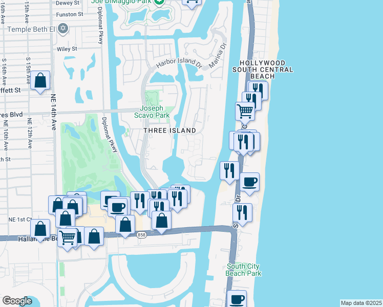 map of restaurants, bars, coffee shops, grocery stores, and more near 517 Leslie Drive in Hallandale Beach