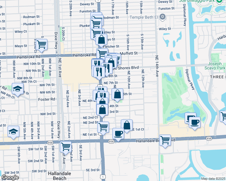 map of restaurants, bars, coffee shops, grocery stores, and more near 801 Northeast 5th Street in Hallandale Beach