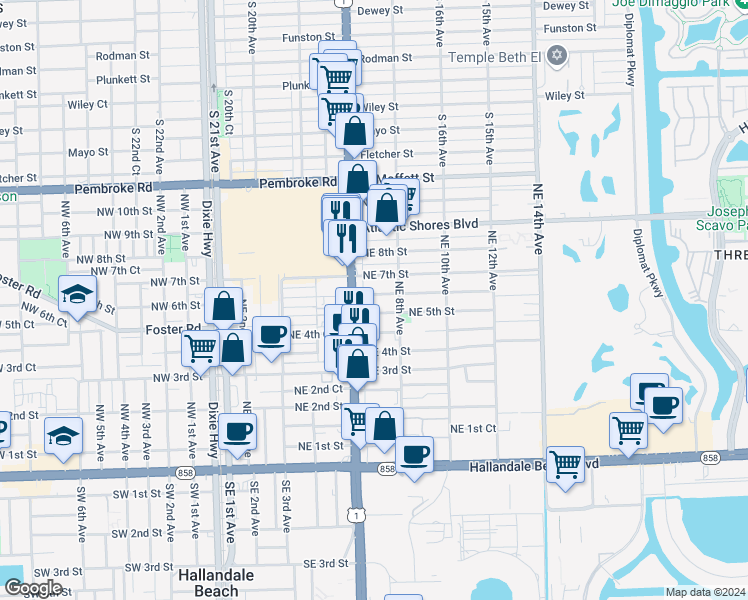 map of restaurants, bars, coffee shops, grocery stores, and more near 610 Northeast 6th Street in Hallandale Beach