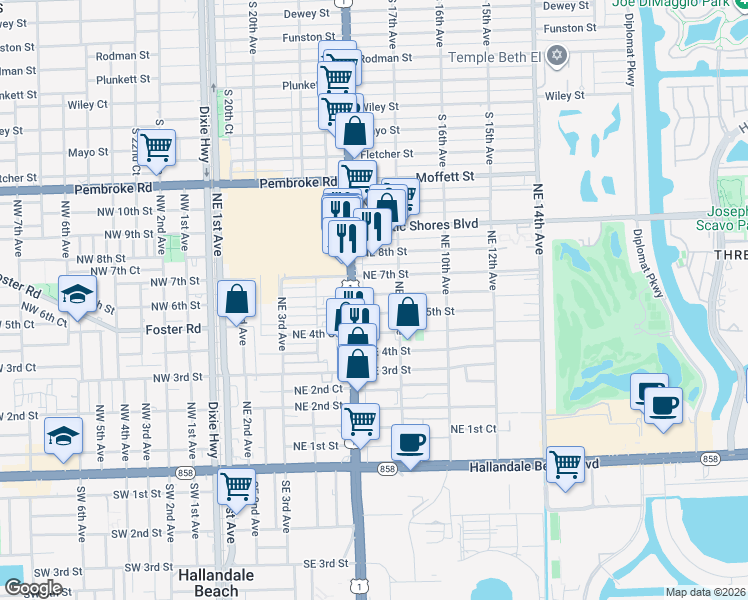 map of restaurants, bars, coffee shops, grocery stores, and more near 610 Northeast 6th Street in Hallandale Beach