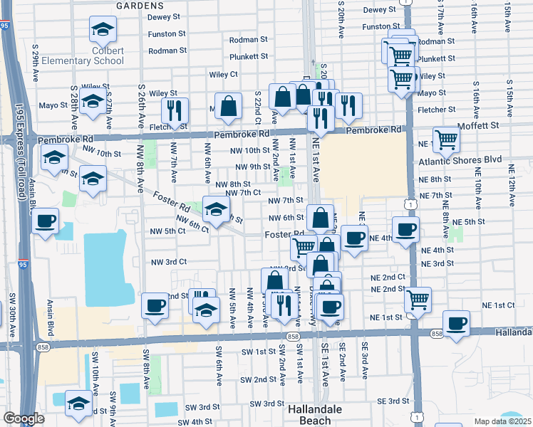 map of restaurants, bars, coffee shops, grocery stores, and more near 601 Northwest 2nd Avenue in Hallandale Beach