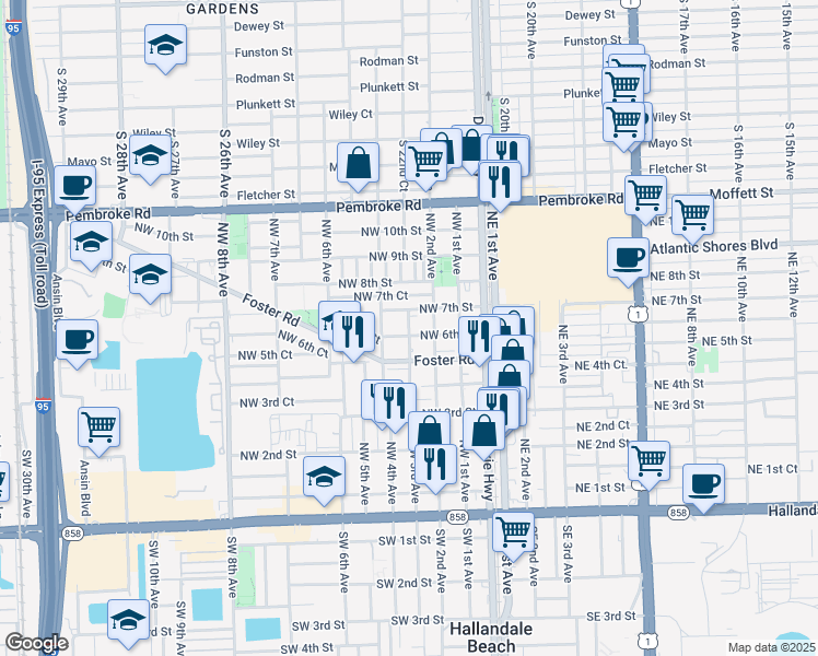 map of restaurants, bars, coffee shops, grocery stores, and more near 601 Northwest 2nd Avenue in Hallandale Beach