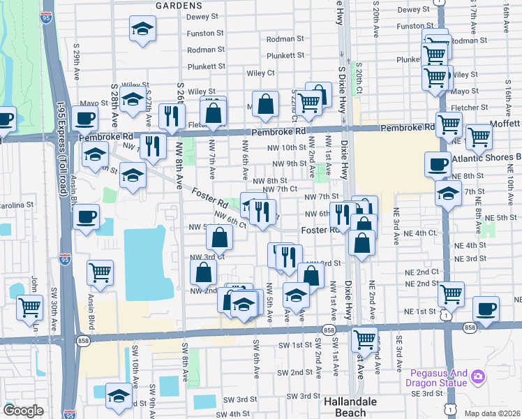 map of restaurants, bars, coffee shops, grocery stores, and more near 517 Northwest 6th Street in Hallandale Beach