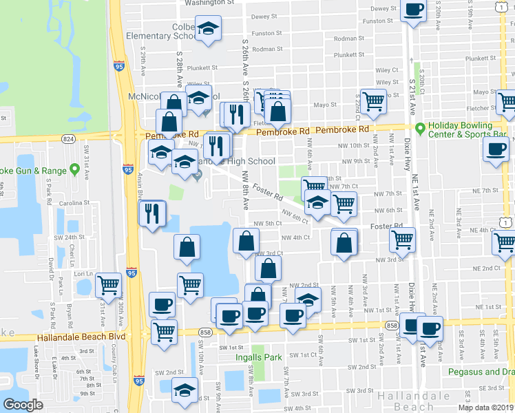 map of restaurants, bars, coffee shops, grocery stores, and more near 752 Northwest 6th Street in Hallandale Beach