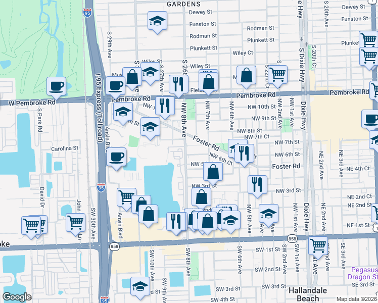 map of restaurants, bars, coffee shops, grocery stores, and more near 752 Northwest 6th Street in Hallandale Beach