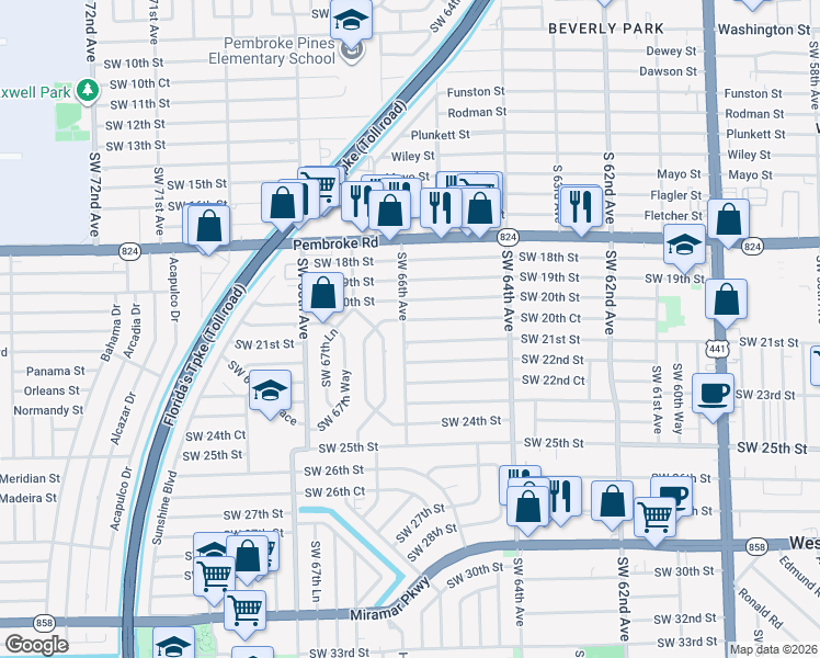 map of restaurants, bars, coffee shops, grocery stores, and more near 6530 Southwest 20th Court in Miramar