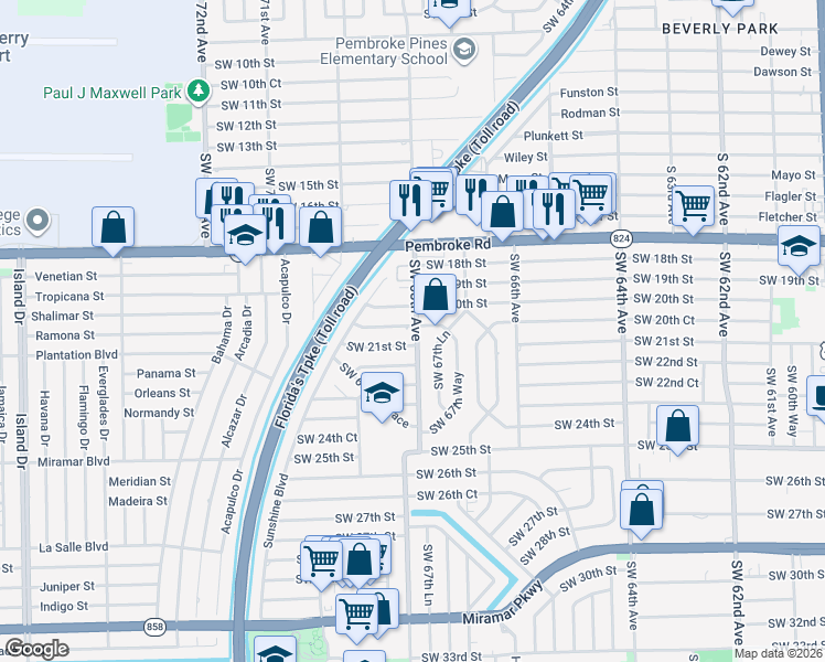 map of restaurants, bars, coffee shops, grocery stores, and more near 6750 Southwest 20th Court in Miramar