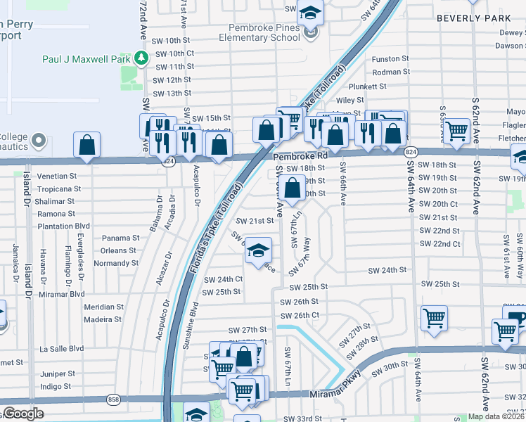 map of restaurants, bars, coffee shops, grocery stores, and more near 6838 Southwest 20th Court in Miramar