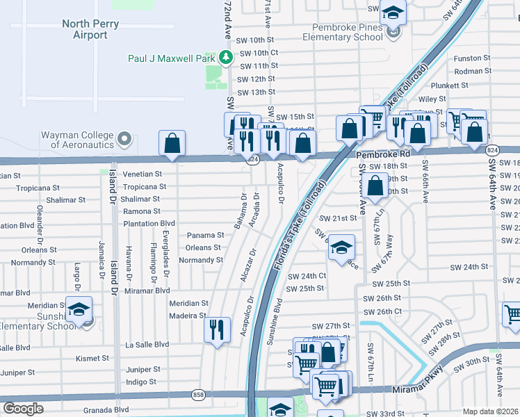 map of restaurants, bars, coffee shops, grocery stores, and more near 2030 Alcazar Drive in Miramar