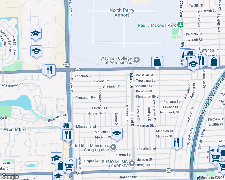 map of restaurants, bars, coffee shops, grocery stores, and more near 7801 Ramona Street in Miramar