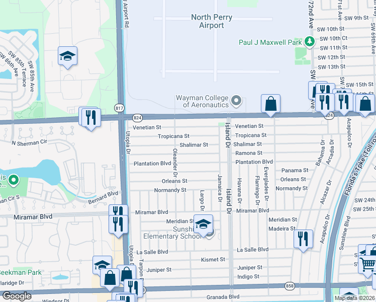 map of restaurants, bars, coffee shops, grocery stores, and more near 7837 Ramona Street in Miramar