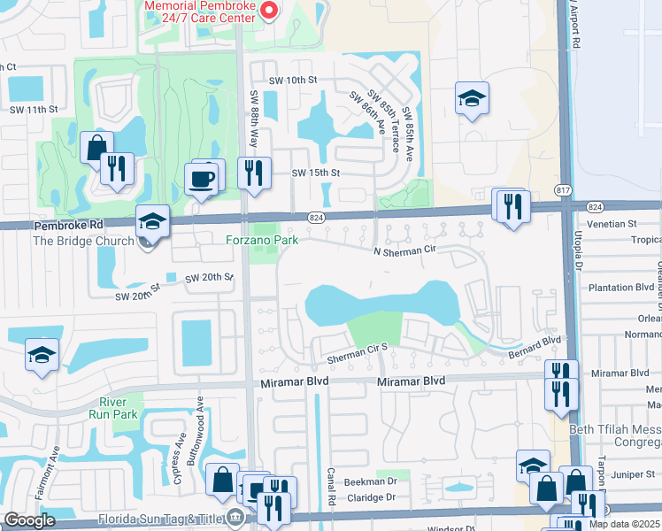 map of restaurants, bars, coffee shops, grocery stores, and more near 8560 Sherman Circle North in Miramar