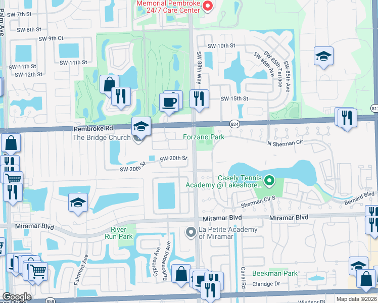 map of restaurants, bars, coffee shops, grocery stores, and more near 8900 Southwest 19th Street in Miramar