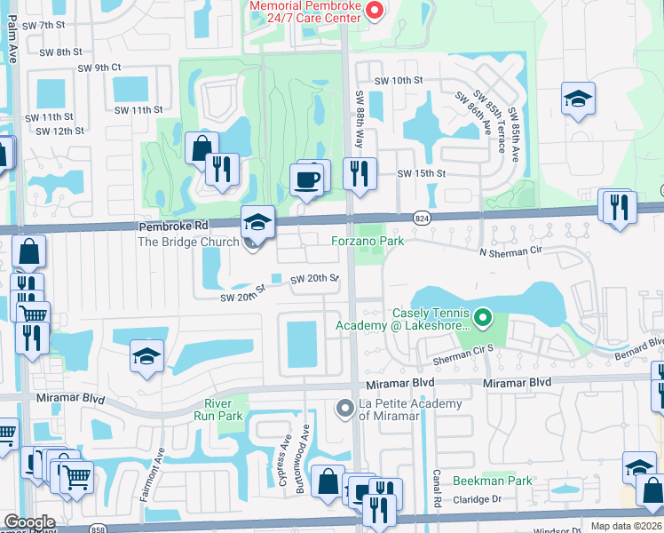 map of restaurants, bars, coffee shops, grocery stores, and more near 8900 Southwest 19th Street in Miramar