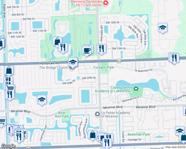 map of restaurants, bars, coffee shops, grocery stores, and more near 8938 Southwest 19th Street in Miramar