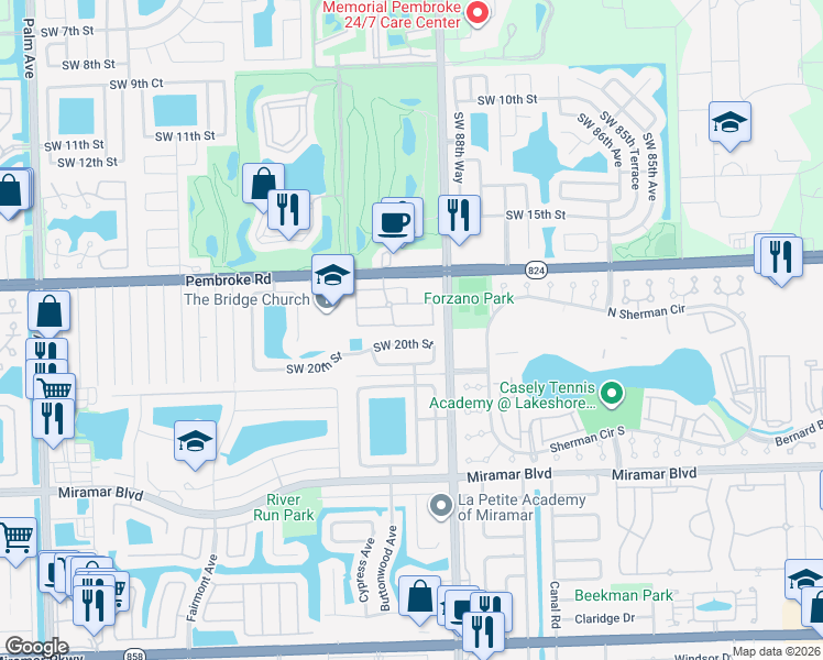 map of restaurants, bars, coffee shops, grocery stores, and more near 8938 Southwest 19th Street in Miramar