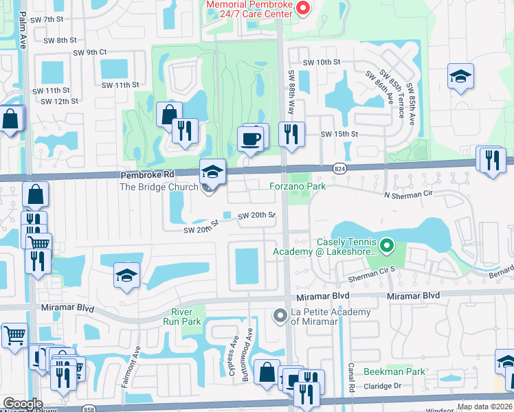 map of restaurants, bars, coffee shops, grocery stores, and more near 8938 Southwest 19th Street in Miramar