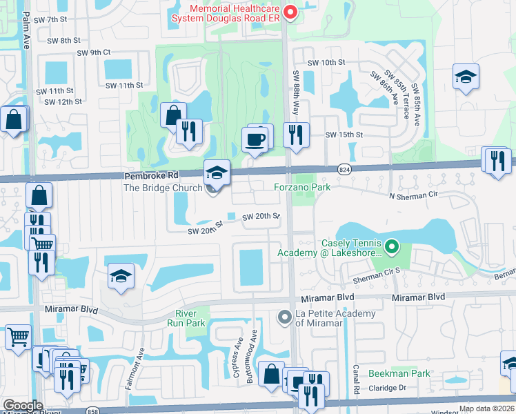 map of restaurants, bars, coffee shops, grocery stores, and more near 8938 Southwest 19th Street in Miramar