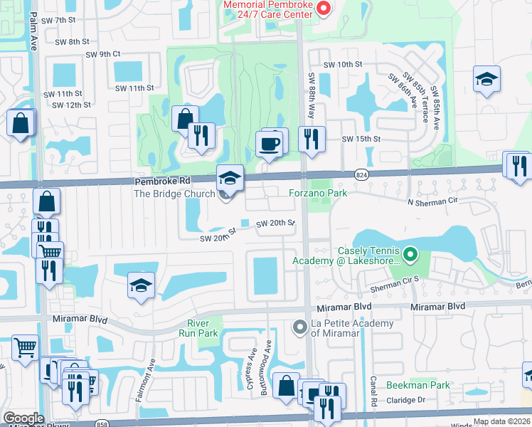 map of restaurants, bars, coffee shops, grocery stores, and more near 8938 Southwest 19th Street in Miramar