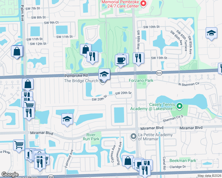 map of restaurants, bars, coffee shops, grocery stores, and more near 9066 Southwest 19th Street in Miramar