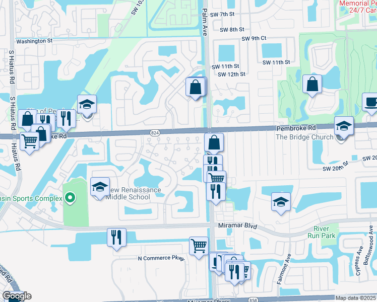 map of restaurants, bars, coffee shops, grocery stores, and more near 10215 Southwest 18th Court in Miramar