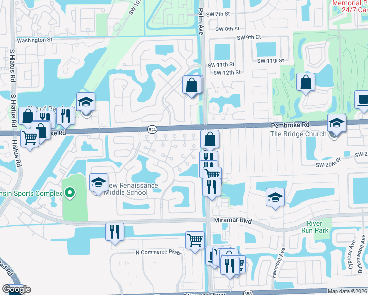 map of restaurants, bars, coffee shops, grocery stores, and more near 10215 Southwest 18th Court in Miramar