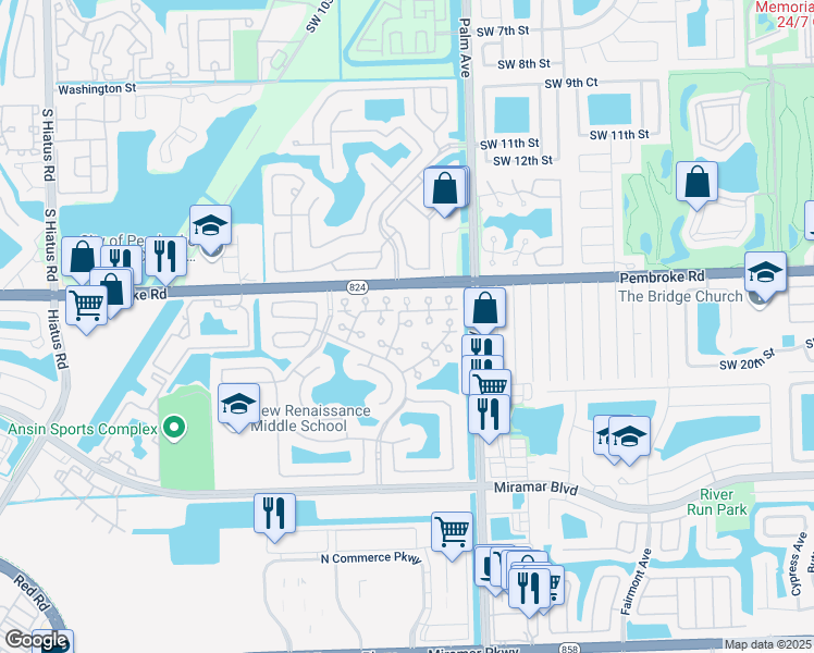 map of restaurants, bars, coffee shops, grocery stores, and more near 10215 Southwest 18th Court in Miramar