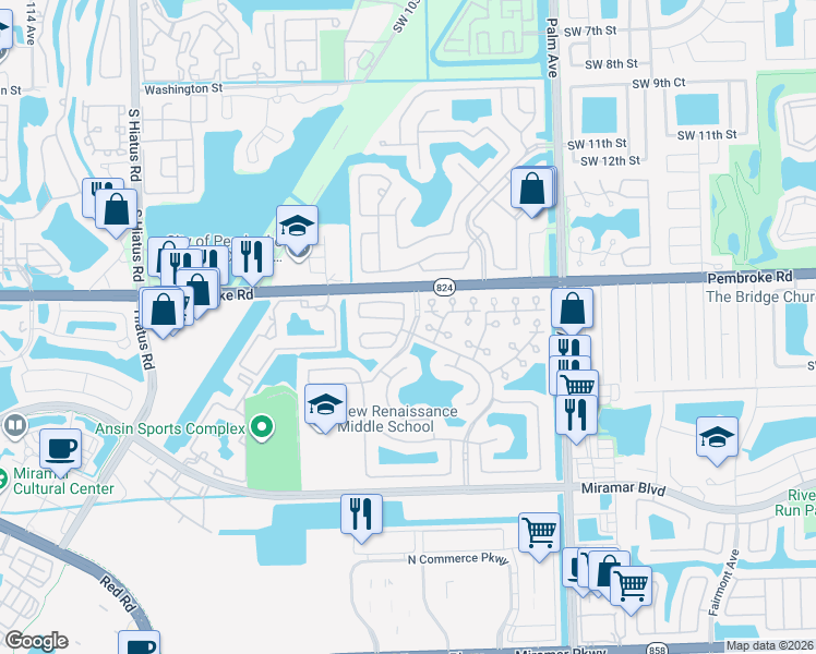 map of restaurants, bars, coffee shops, grocery stores, and more near 10451 Southwest 19th Street in Miramar