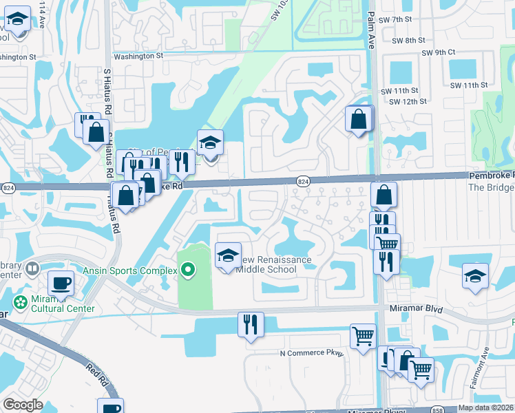 map of restaurants, bars, coffee shops, grocery stores, and more near 10451 Southwest 19th Street in Miramar