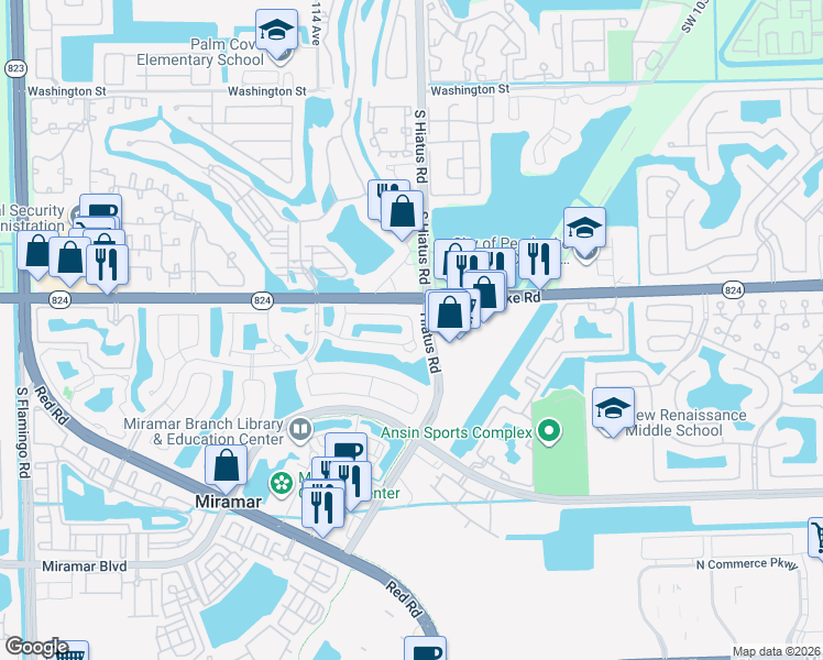 map of restaurants, bars, coffee shops, grocery stores, and more near 1810 Southwest 112th Terrace in Miramar