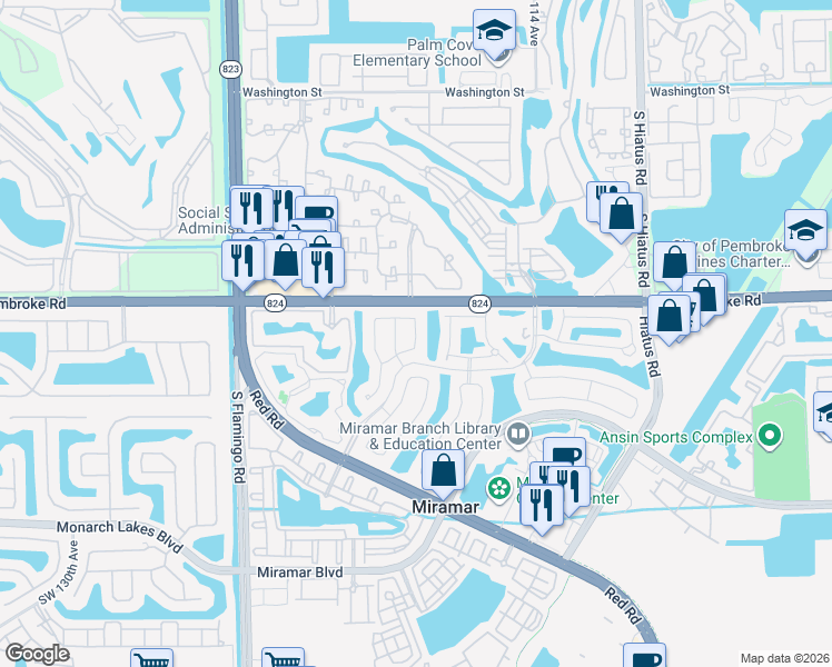 map of restaurants, bars, coffee shops, grocery stores, and more near 1820 Southwest 118th Avenue in Miramar